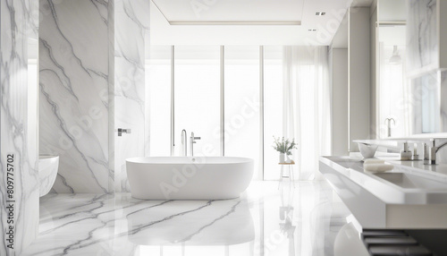 modern bathroom in white marble  day light 