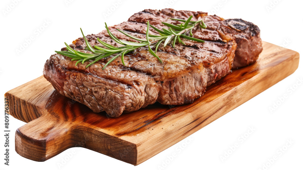 A large juicy steak on a wooden board with rosemary, transparent or isolated on white background A large juicy steak on a wooden board with rosemary, transparent or isolated on white background