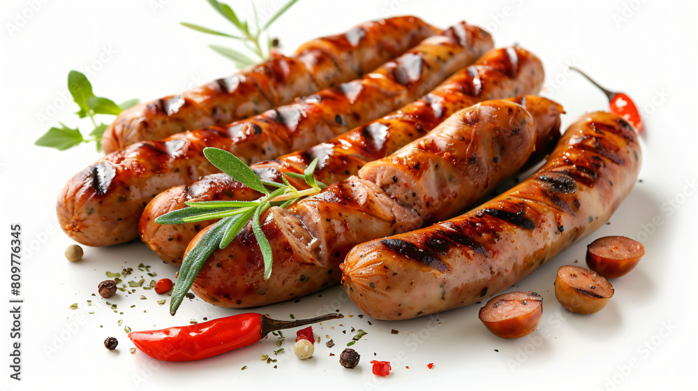 Delicious grilled sausages on white background