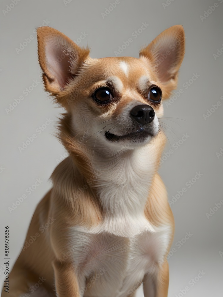 A Chihuahua dog is sitting on a gray and white background and looking ahead. AI generated image