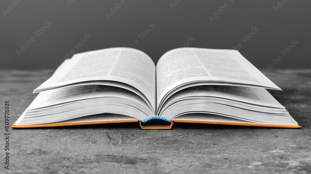 An open book resting atop a gray table adjacent to a monochrome photograph of an orange border An open book resting atop a gray table adjacent to a monochrome photograph of an orange border