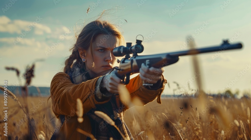 Fototapeta premium A woman is holding a rifle and looking at the camera