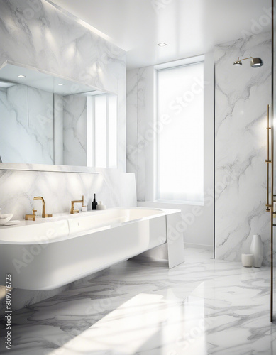 modern bathroom in white marble, dim spot lights 