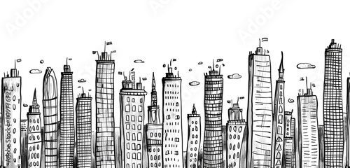 Repetitive doodle pattern featuring black and white urban skylines.