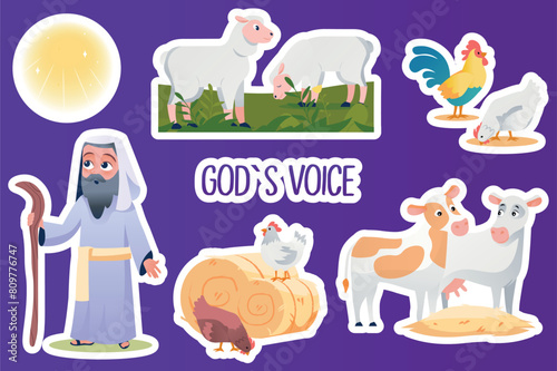 Set of stickers God's voice in flat cartoon design. These stickers are made in a charming bright style depicting the biblical character Abraham and his domestic animals. Vector illustration.