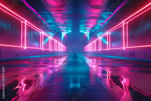 A long tunnel with neon lights  suitable for urban and futuristic concepts