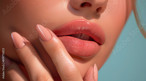 Close-up of young caucasian woman's manicured hand touching her face, turgent glossy peachy pink lips. Beauty photography. photo