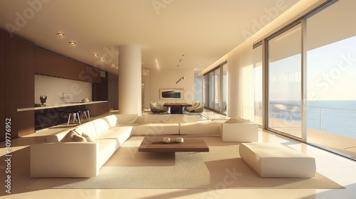 Contemporary living room with minimalist furnishings © Cloudyew