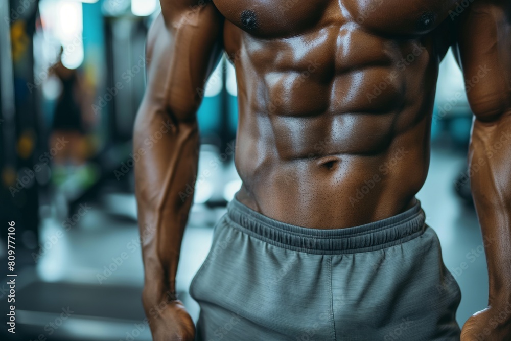Impressive close up of a male bodybuilders sculpted abs and arms in a gym Impressive close up of a male bodybuilders sculpted abs and arms in a gym