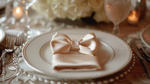 delicate wedding table setting features pearl-accented plates, a neatly folded napkin, and an elegant bow,