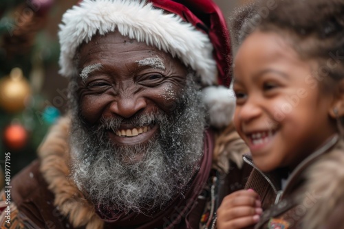 Black Santa Claus smiling broadly amidst a festive background with an excited little girl, holiday cheer abounds photo