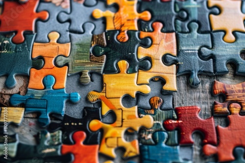 Macro shot of a partially completed jigsaw puzzle with vivid colors
