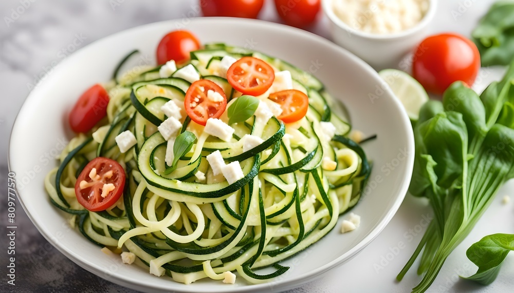 Zucchini noodles in a bowl with fresh vegetables and cheese
Zucchini noodles in a bowl with fresh vegetables and cheese