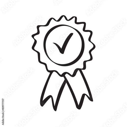 Guarantee doodle medal line icon. Minimal hand drawn consumer concept control emblem or assurance. 