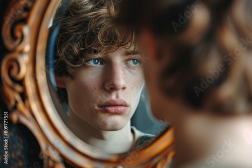 A contemplative teenager gazes into an ornate mirror, a metaphor for self-reflection and growing up