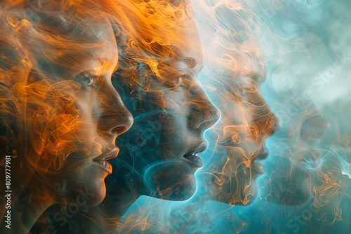 An evocative digital artwork showing ghostly faces merging with abstract blue smoke patterns