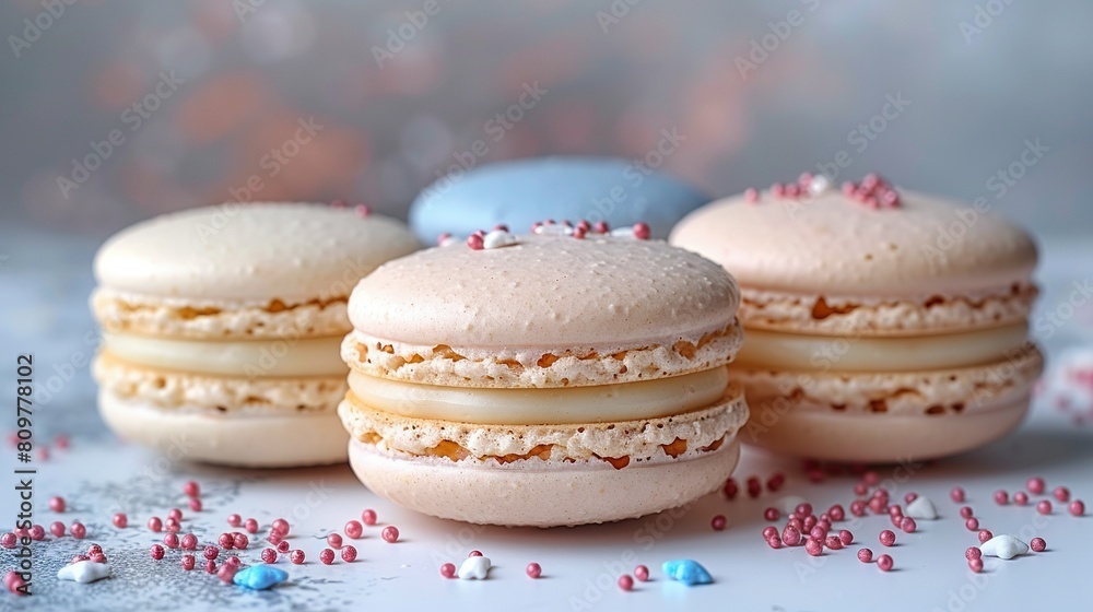   Three macaroons with frosting and sprinkles on a white surface, decorated with pink and blue sprinkles