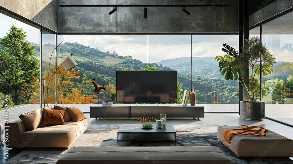 Fototapeta premium Living room has a modern design with large windows and views of the forest and mountains