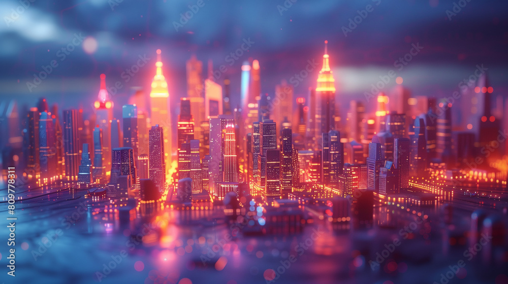 Fototapeta premium Futuristic cityscape with glowing neon lights at dusk.