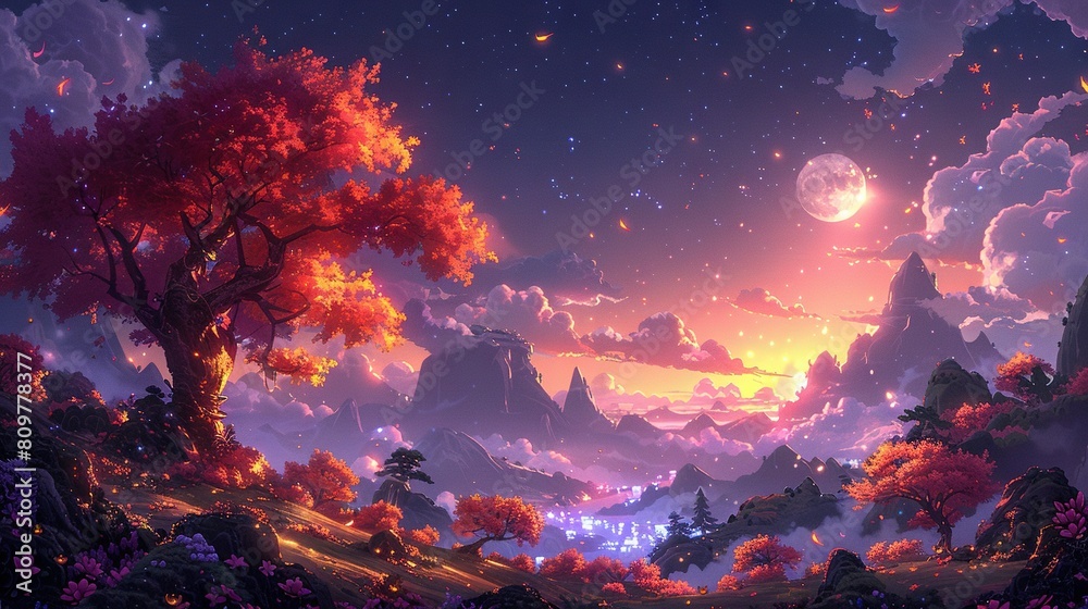  A stunning landscape painting featuring majestic mountains, lush trees, and a star-filled night sky with a distant full moon