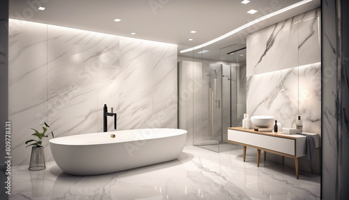 modern bathroom in white marble  dim spot lights 