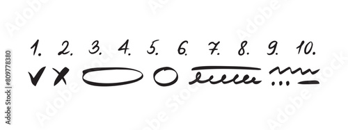 Doodle checklist numbering. List of handwritten numbers with dots. Hand drawn scribble numbers