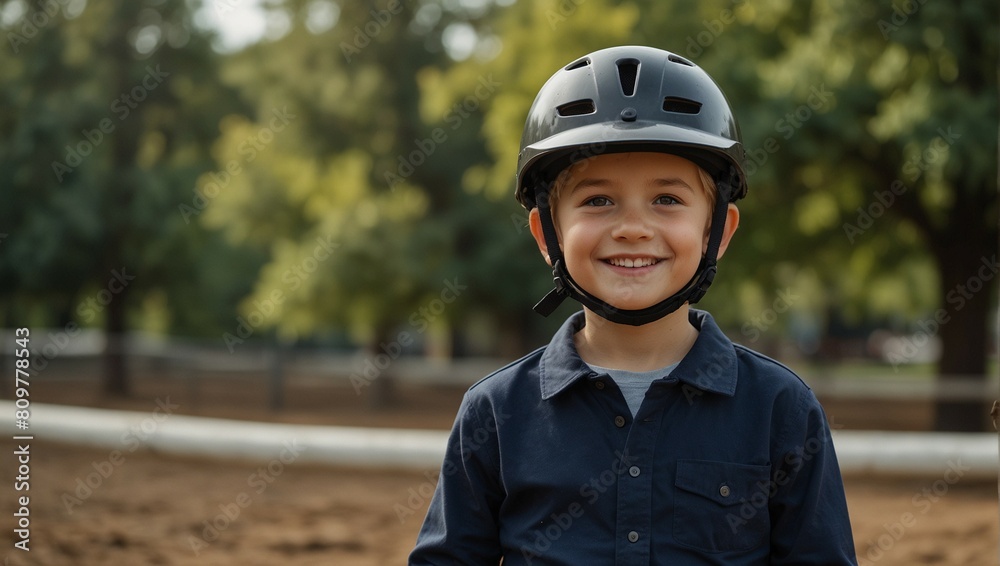 Happy boy kid at equitation lesson looking at camera Happy boy kid at equitation lesson looking at camera