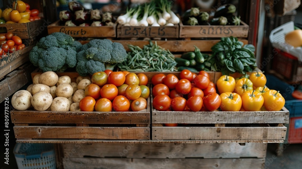 A variety of fruits and vegetables are on display in wooden crates at a farmer's market, including tomatoes, broccoli, cauliflower, and carrots A variety of fruits and vegetables are on display in wooden crates at a farmer's market, including tomatoes, broccoli, cauliflower, and carrots