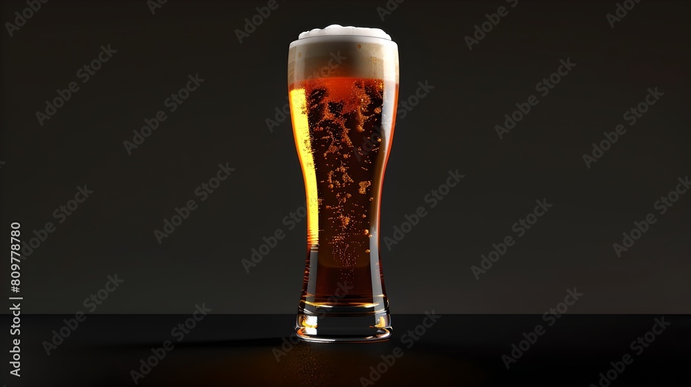 Cold beer in a tall glass with frothy head against a dark background. Perfect for beverage menus and pub promotions. Simple and elegant presentation. AI