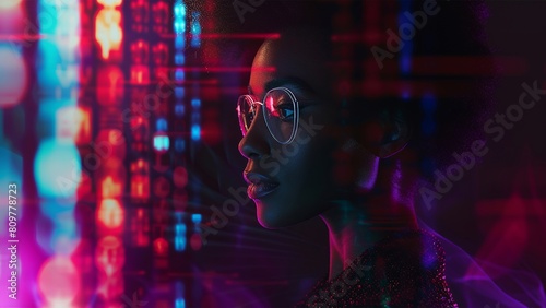 Black woman cyber security expert. With AI code illusminated overlay around her. Working in a data center. Female Computer Engineer. Generate AI.