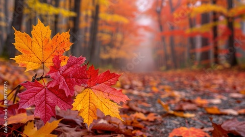   Red and yellow leaves scattered in front of trees with similar colored foliage above