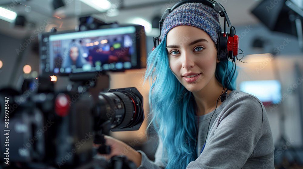 Young Caucasian Female Cinematographer With Blue Hair Adjusts Camera Equipment In Modern Studio, Focusing On Creative Video Production For Advertising, Showcasing Teamwork And Artistic Skill.