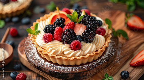Delicious tartlet with cream and fruit on wooden board