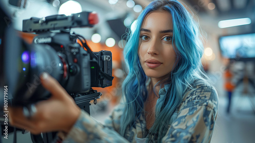 Young Caucasian Female Cinematographer With Blue Hair Adjusts Camera Equipment In Modern Studio, Focusing On Creative Video Production For Advertising, Showcasing Teamwork And Artistic Skill. © aekkorn