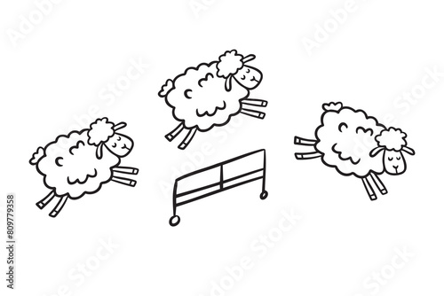 Doodle line cute sheep jumping over fence. Good night sleep poster. Counting sheep to fall asleep. 