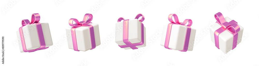 Set of realistic 3d render gift boxes. White gift box with pink bow and ...