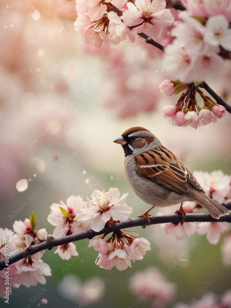 Whimsical Spring Scene, Cute Sparrow Amid Cherry Blossoms, Ideal Romantic Background Whimsical Spring Scene, Cute Sparrow Amid Cherry Blossoms, Ideal Romantic Background