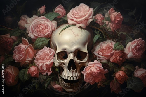Surreal Skull roses paint nature. Art flower. Generate Ai