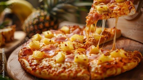 Delicious Hawaiian pizza with ham and pineapple on a wooden board, with a slice being lifted showing melted cheese.