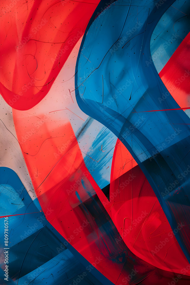 Fototapeta premium Dynamic abstract background with soft flowing lines and angular forms in a bold mix of cherry red and azure blue