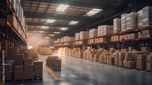 A large, long logistics warehouse filled with boxes, parcels and merchandise.