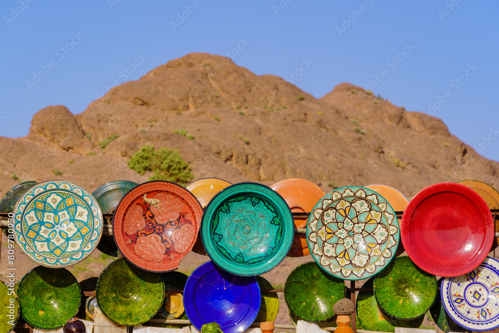 Typical colorful ceramics items on sale, High Atlas