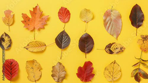 Different autumn leaves on yellow background