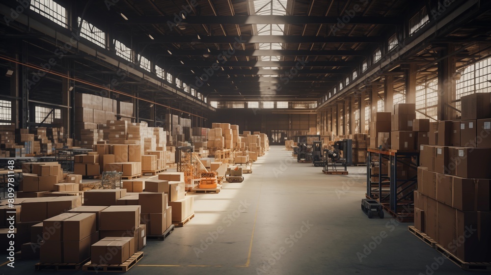 A large, long logistics warehouse filled with boxes, parcels and merchandise.