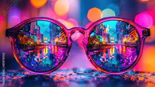  A pair of sunglasses reflecting a cityscape in one lens