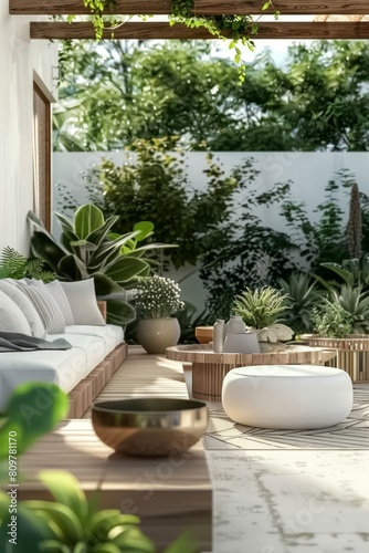 Modern outdoor living space, featuring green plants and wooden furniture