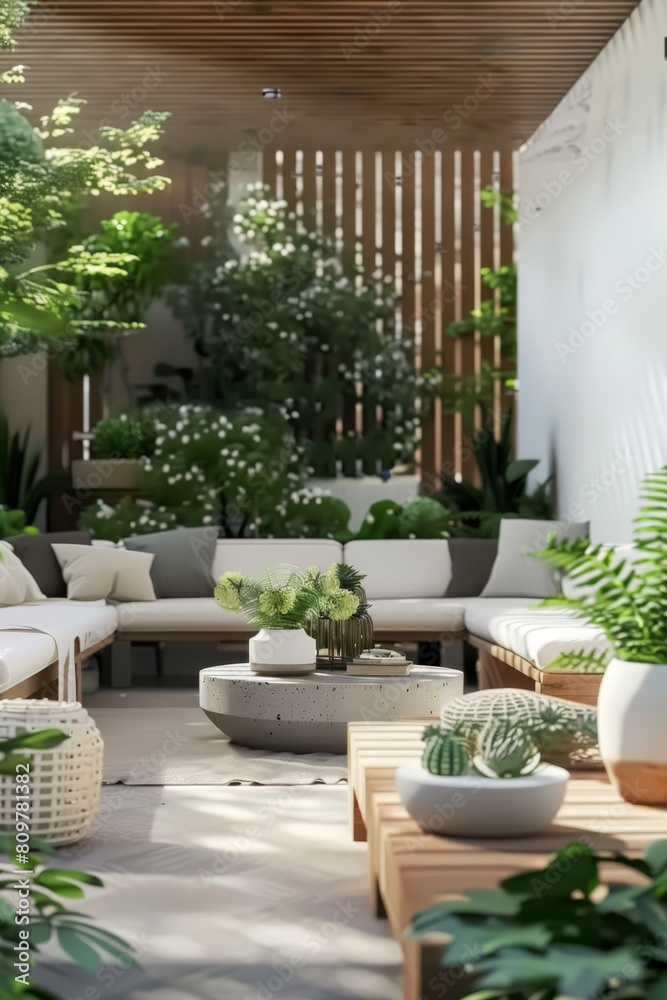 Fototapeta premium Modern outdoor living space, featuring green plants and wooden furniture