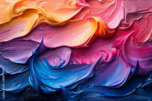 Vibrant swirls of orange, pink, and blue oil paints creating a dynamic abstract background photo