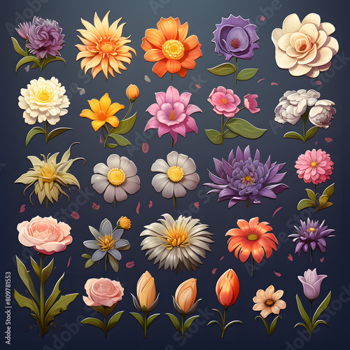 cute flowers handpainted, tabletop game props, full page grid sprite sheet, game assets, asset sheet, sprite sheet
