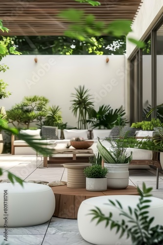 Modern outdoor living space  featuring green plants and wooden furniture